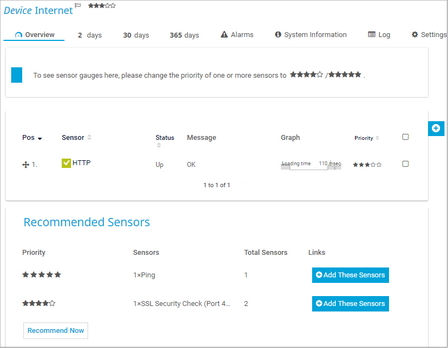 Recommended Sensors on Device Overview Tab